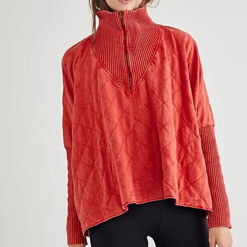 Free People Fp One Shiloh Sweatshirt Pullover Zip Red Oversized Ribbed